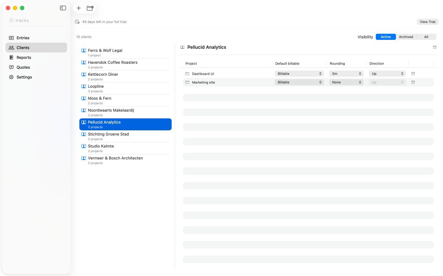 Tracky's Clients screen with a client list on the left and that client's projects, rounding, and defaults on the right
