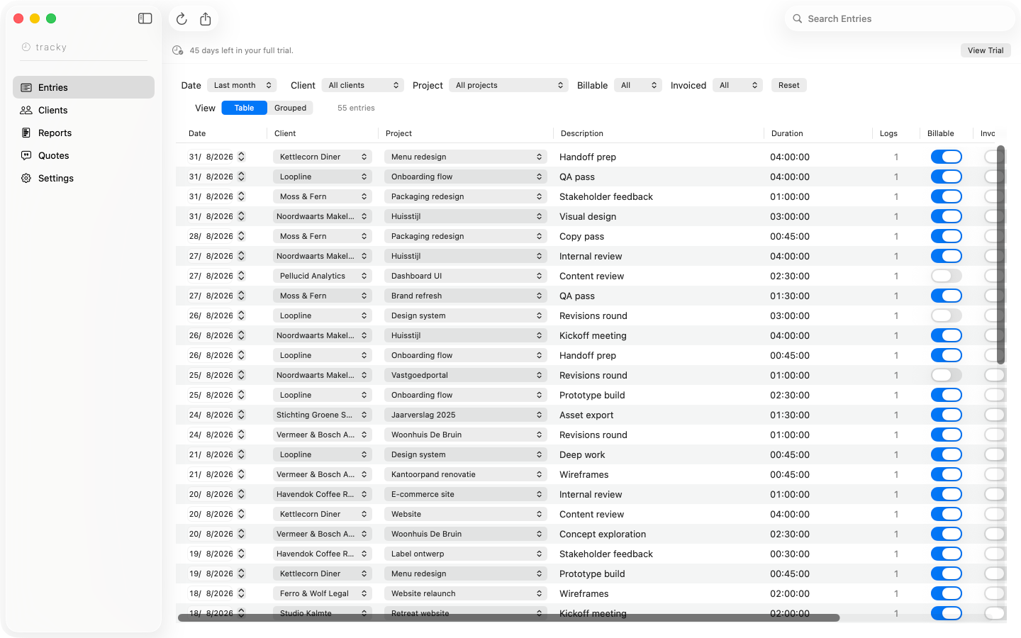 Tracky's Entries screen showing a full month of client work, with billable toggles and filters by client, project, and status