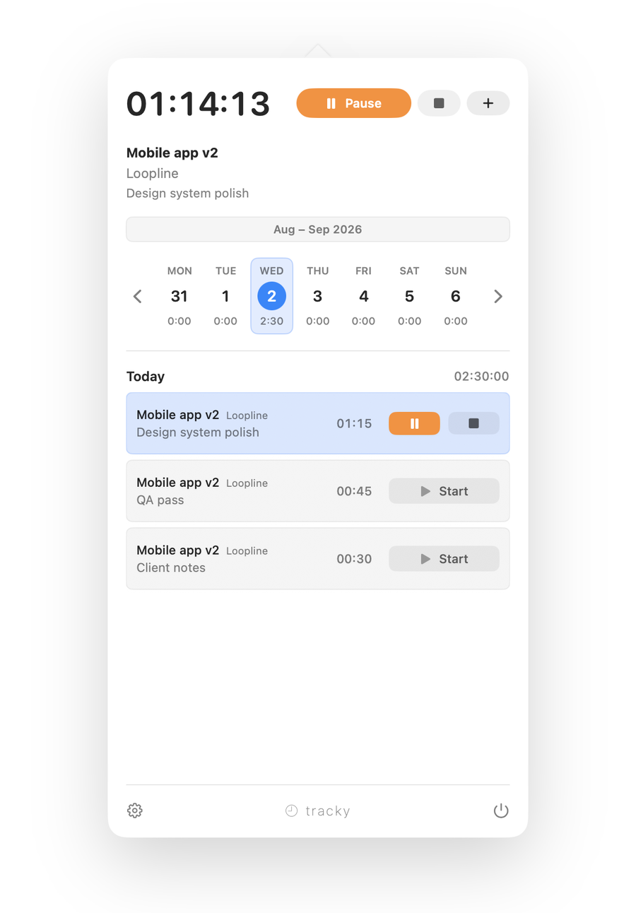 Tracky's HUD popover under the menu bar, showing a running timer, a week strip, and today's entries with quick start/pause/stop controls