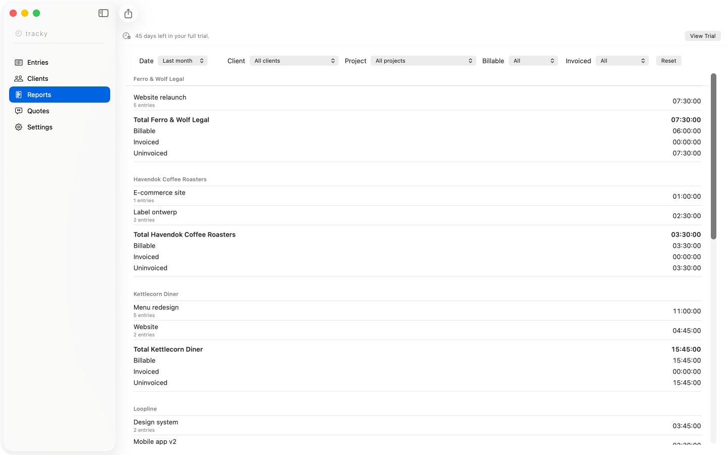 Tracky's Reports screen grouped by client and project, with total, billable, invoiced, and uninvoiced hours